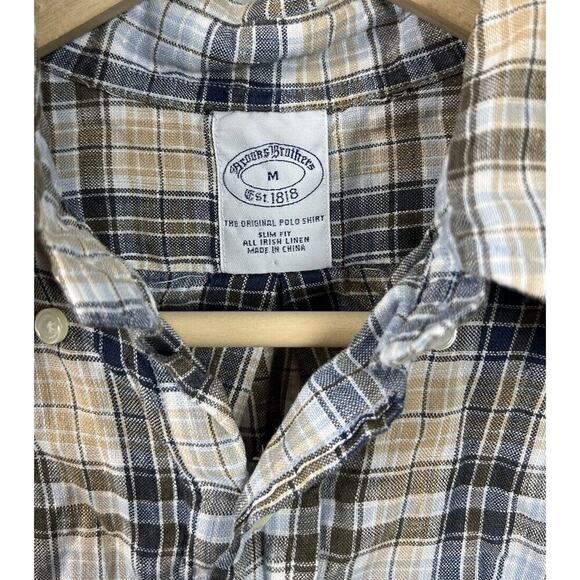 Brooks Brothers Plaid The Original Polo Shirt Slim Fit Linen Shirt Size Medium - Picture 3 of 5